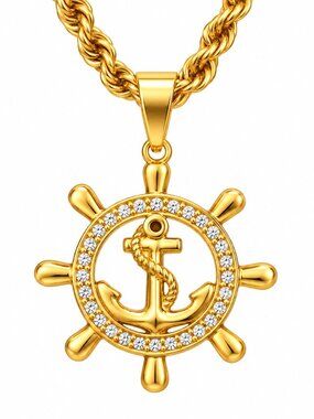 316L Stainless Steel Anchor Steering Wheel Pendant Chain PVD Gold Plated 24" 6mm